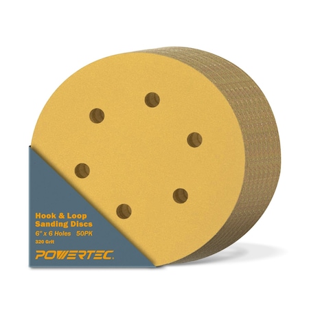 Powertec 320 Grit, 6 Inch 6 Hole Hook and Loop Sanding Discs for Random Orbital Sander, 50PK 45232G-50